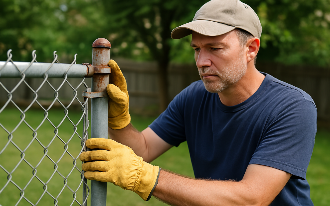 A man inspects an old chain link fence in his backyard, checking for rust and damage.